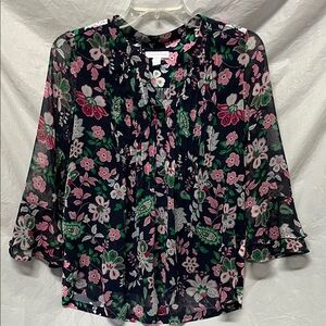 Charter Club Navy Floral Pintuck Split-Neck Blouse - Pink & Green